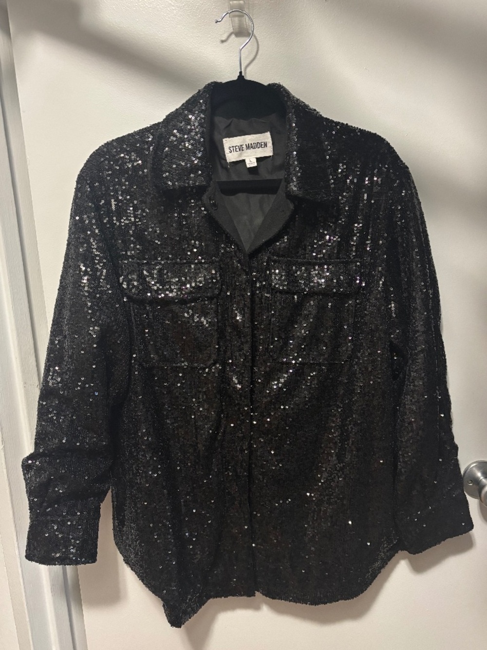 Steve Madden Black Sequin Button Up Shacket Jacket Oversized Coat
